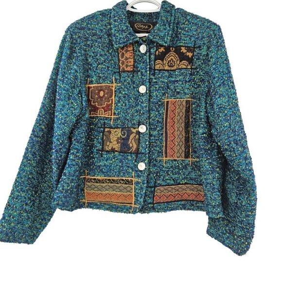 Alex Kim Tweed Patchwork Button Front Jacket Women’s Size L Artsy Art To Wear - Picture 1 of 7